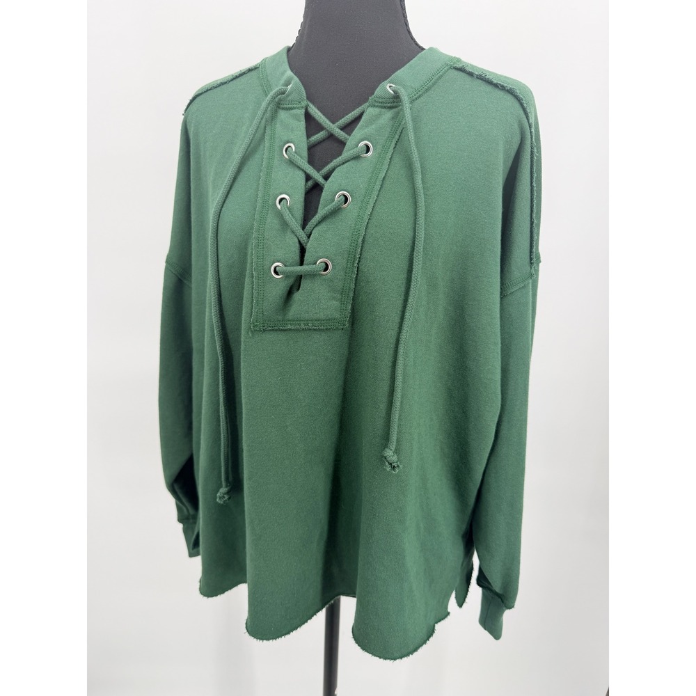 Aerie Lace Up Sweatshirt Womens Medium Green Excellent Fleece 5930115076